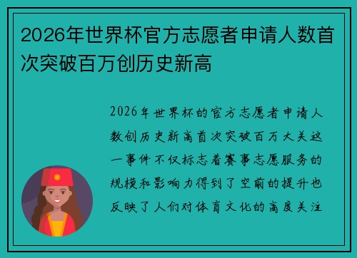 2026年世界杯官方志愿者申请人数首次突破百万创历史新高
