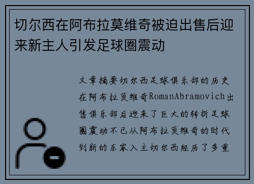 切尔西在阿布拉莫维奇被迫出售后迎来新主人引发足球圈震动